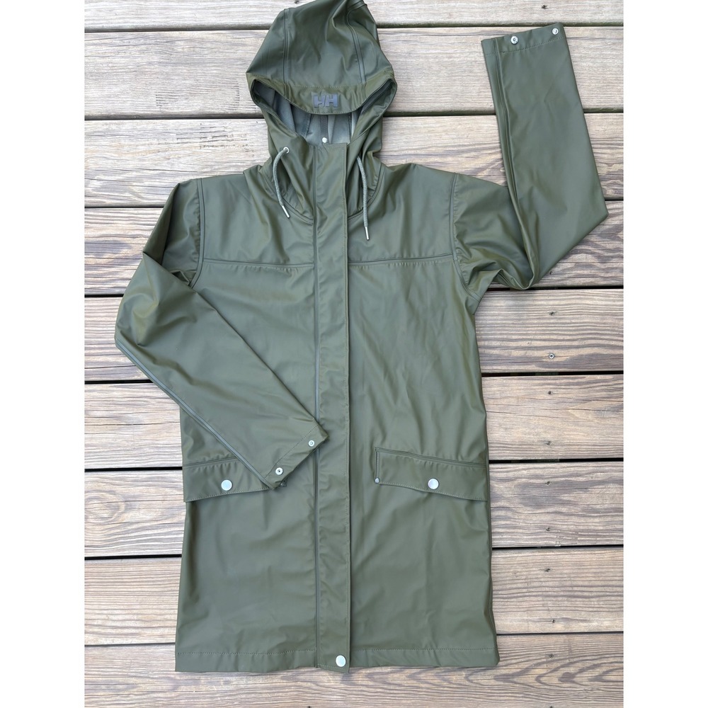 Helly Hansen Helox Raincoat Womens XS Olive Green Hooded Long Rain Jacket